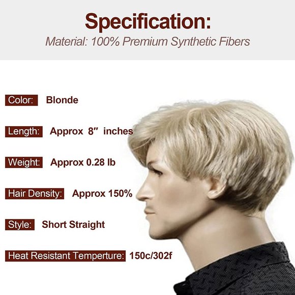 8" Short Straight Men's Blonde Color Wig Ken Costume Party Halloween - Picture 5 of 5